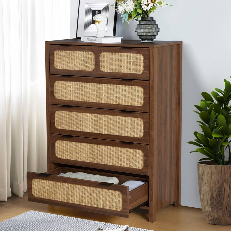 Wooden Rattan 5-Drawer Storage Cabinet Dresser