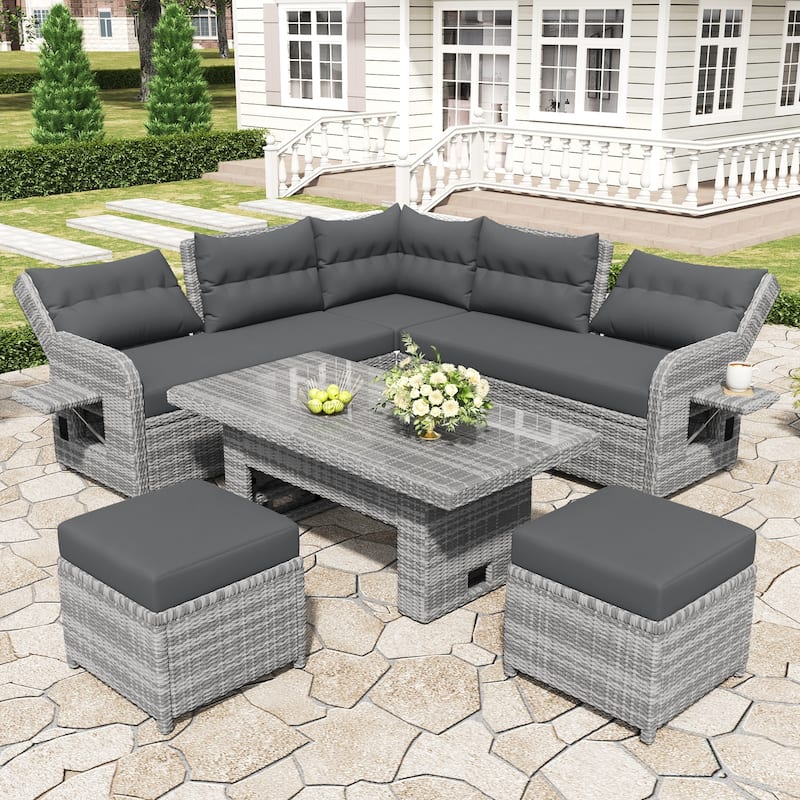 Outdoor Furniture Set Patio Rattan Furniture Set with an Adjustable Table, Recliners with Extendable Side Tables