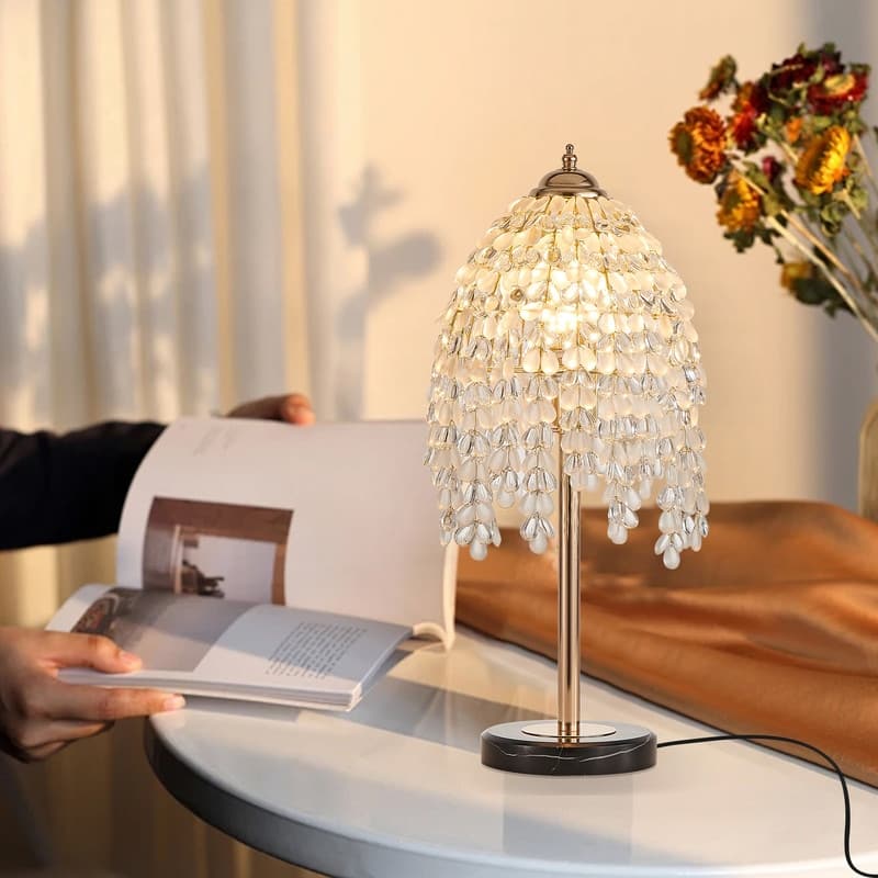 19" Crystal Table Lamp Vintage Waterfall Design with Teardrop Beads & Marble Base (Bulb Not Included)