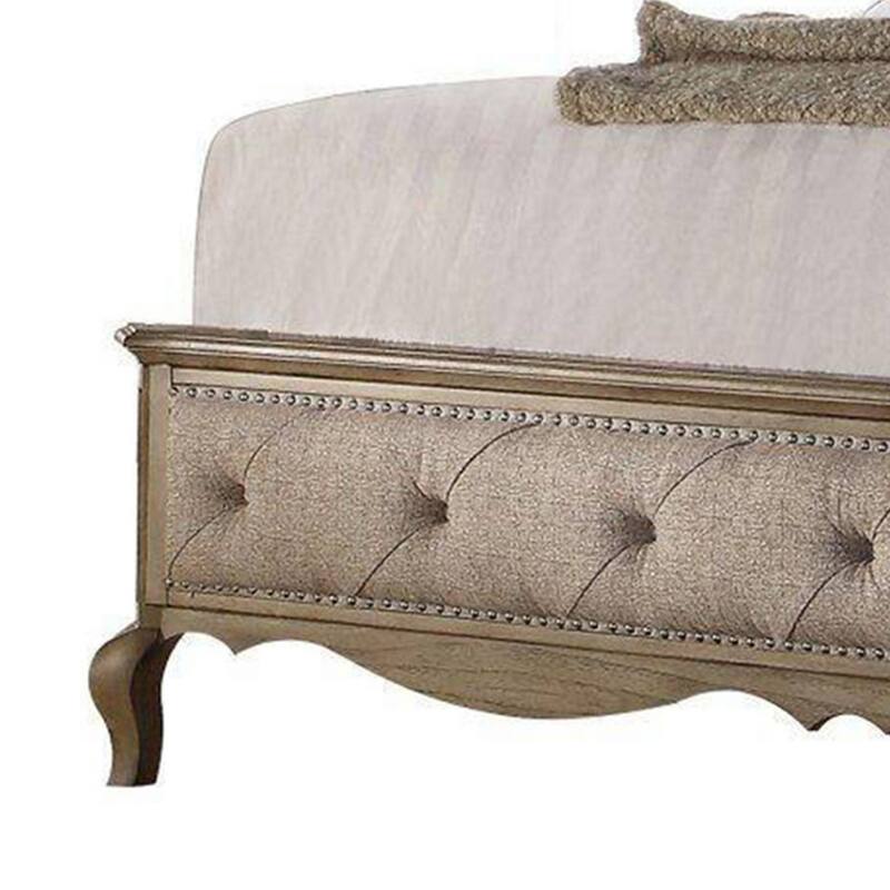Button Tufted Fabric Eastern King Size Bed with Molded Details, Beige