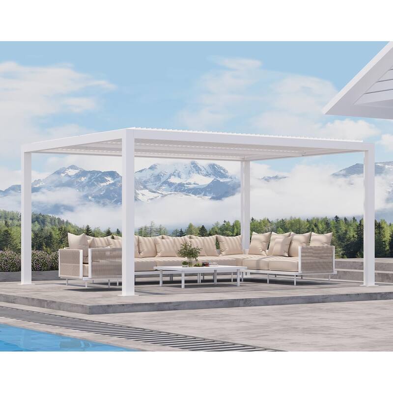 PURPLE LEAF Louvered Pergola with Solar Lights Hardtop Gazebo for Patio - 12' x 14' - White