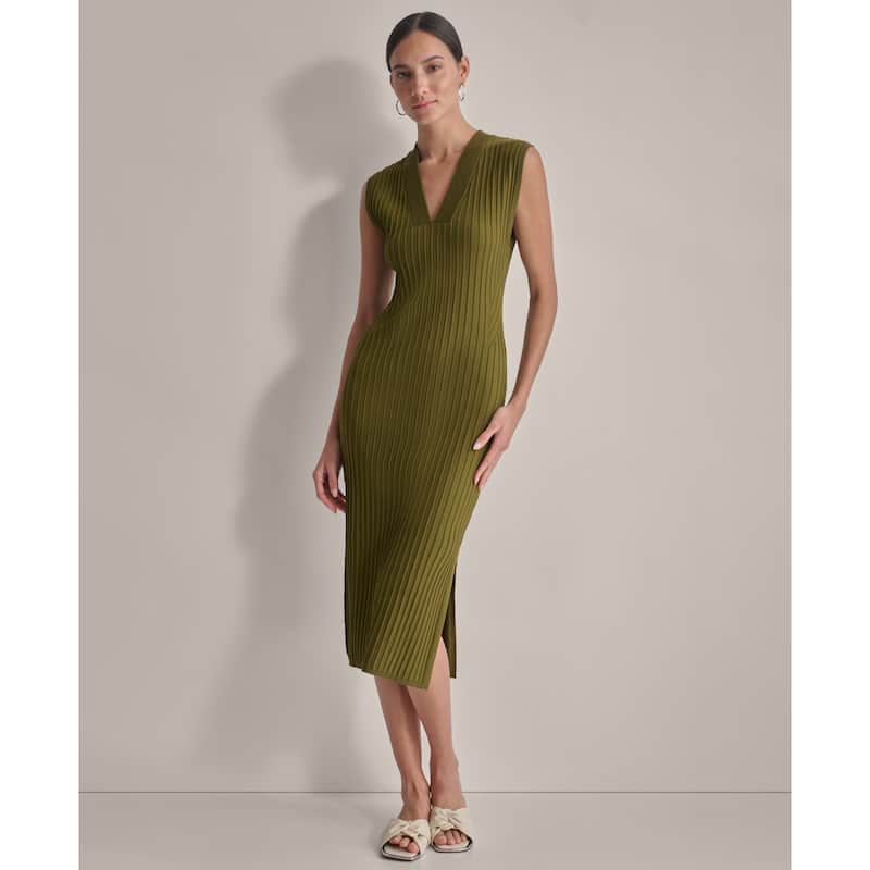 DKNY Sleeveless Wide Rib Sweater Dress - Dark Olive - L
