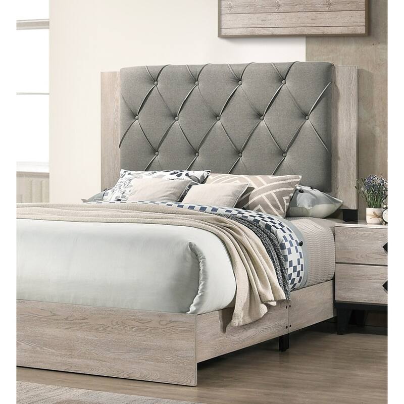 Queen Size Upholstered Bed with Tufted Gray Headboard in Cream Finish - Rubberwood Frame