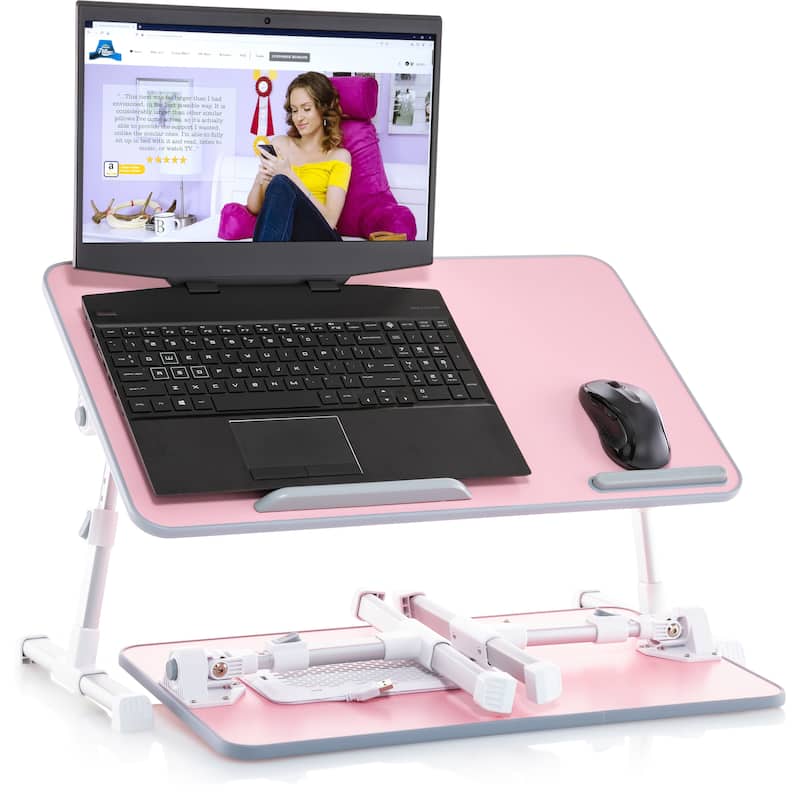 Husband Pillow - Lap Desk Wood Small Top - Fits Up to 17" Laptop - with Dual Cushion, Multifunctional Slot for Tablet - Pink