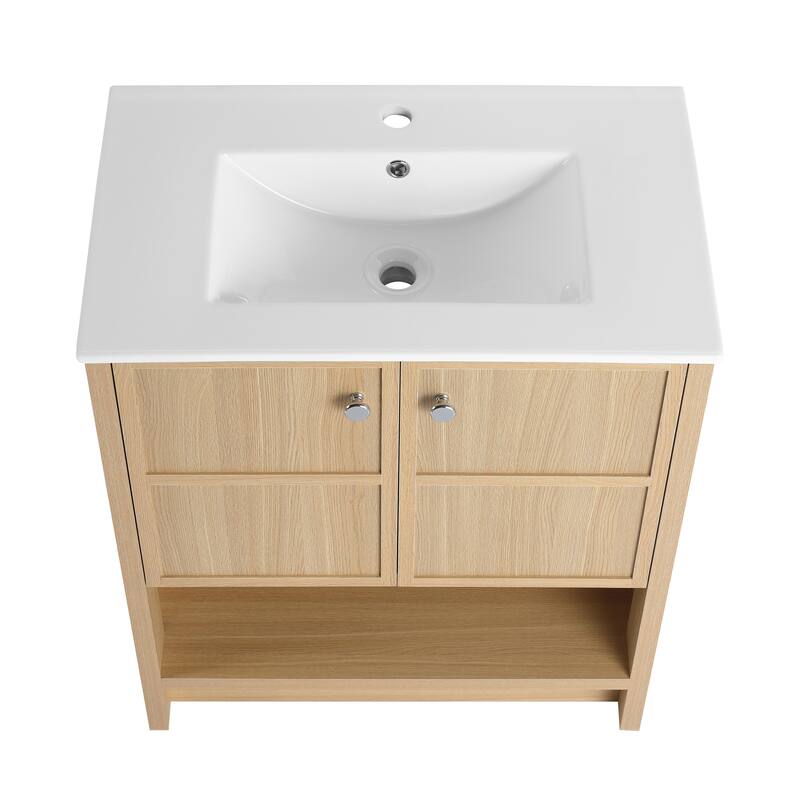 GDFStudio - Bergen Modern Minimalist Freestanding Bathroom Vanity Cabinet with Ceramic Sink, Soft Close Doors& Open Shelf - 30"