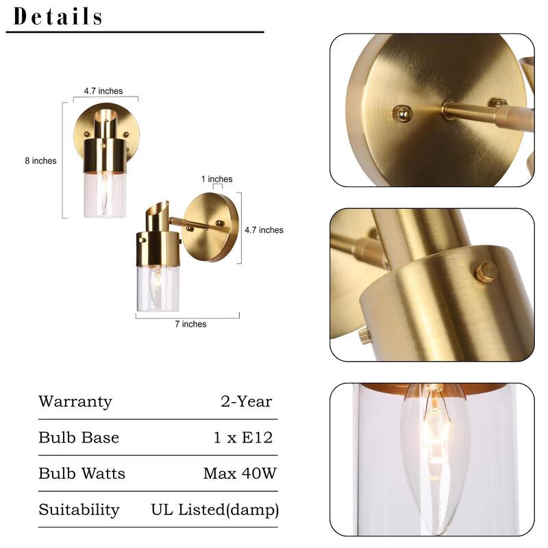 Hartwin Modern 1-Light Gold Glass Wall Sconce Cylinder Bathroom Vanity Lights - 4.7" L x 7" W x 8" H