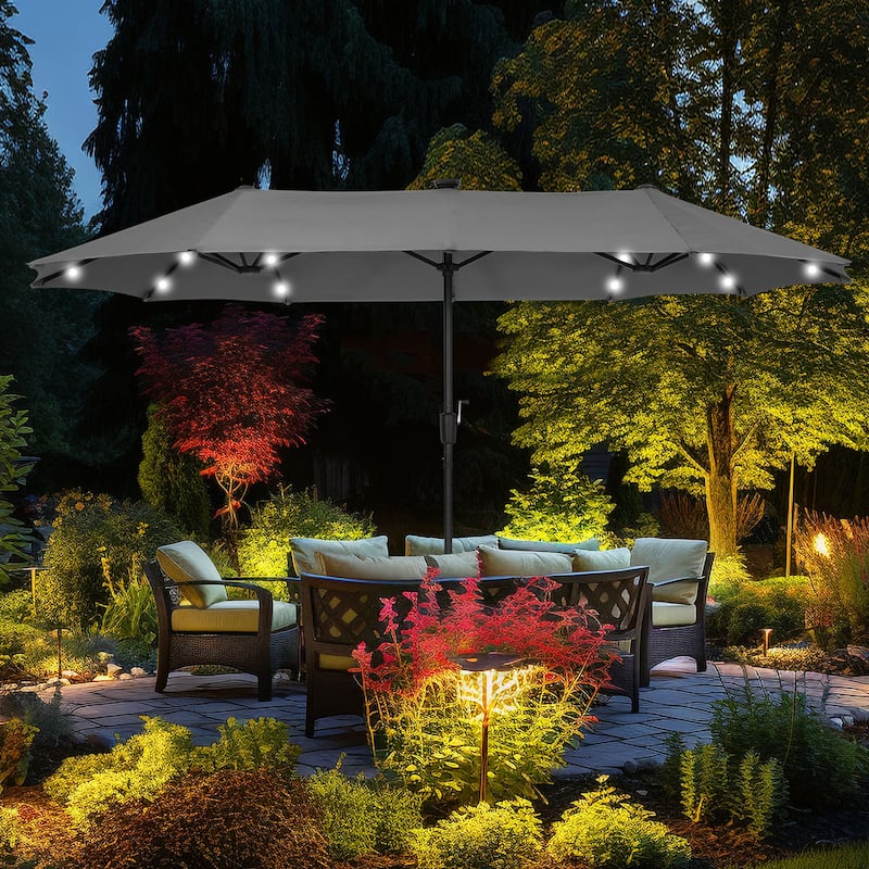 Autlaycil 13 ft Patio Umbrella with 36 Solar Lights & Crank System for Outdoor - Grey