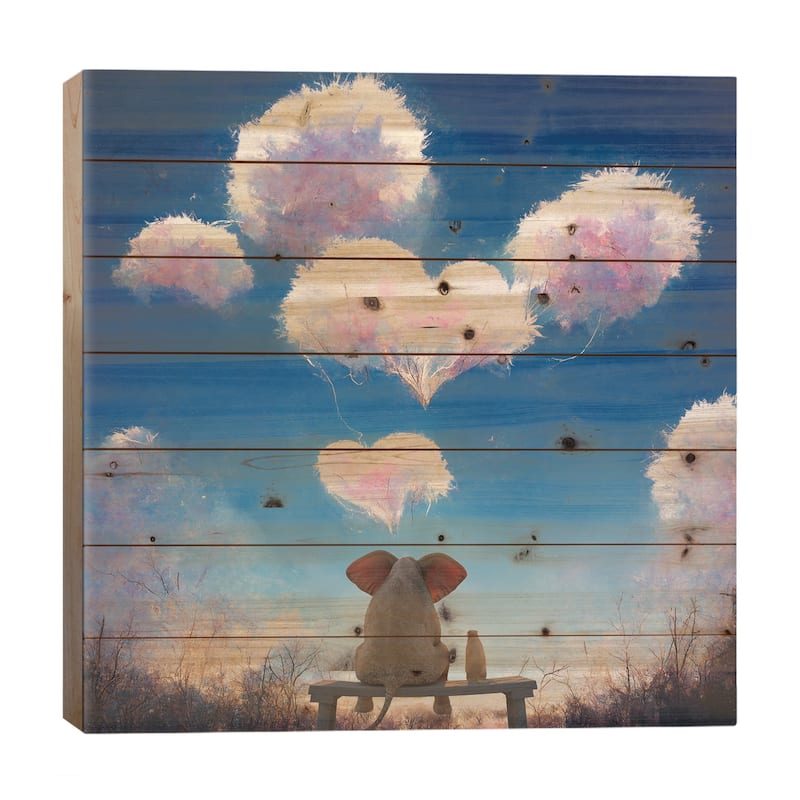 Elephant And Dog Look At Fluffy Clouds II Print On Wood by Mike Kiev - Multi-Color - 26x26x1.5