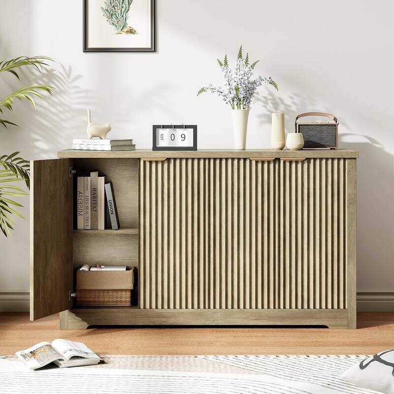 Buffet Sideboard Cabinet, Fluted Modern Credenza with Doors & Shelves