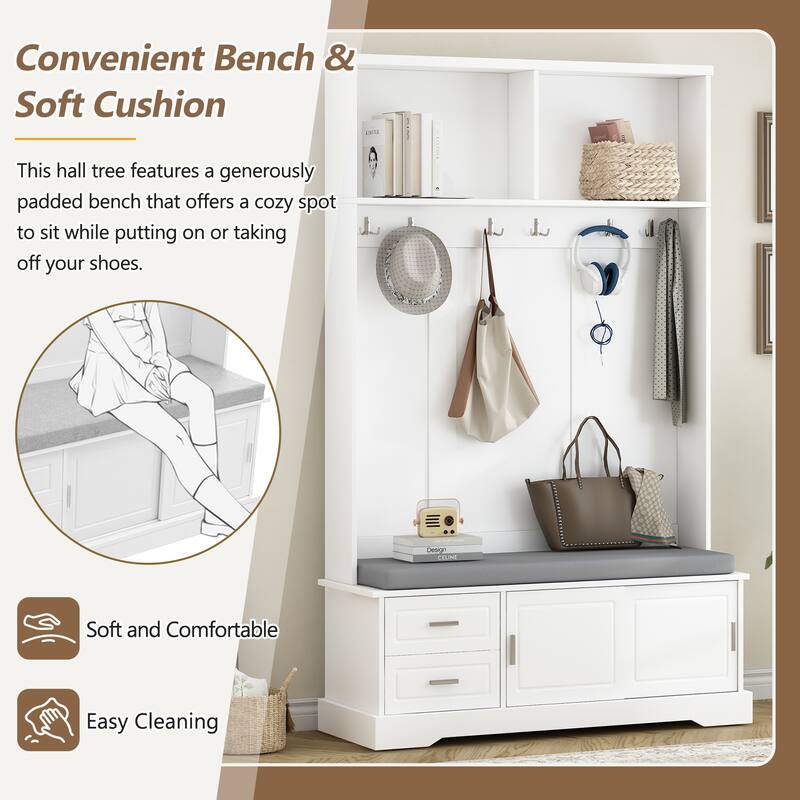 Hall Tree with Sliding Doors, Versatile Coat Rack with 6 Hooks & Handles, Mudroom Upholstered Bench Cabinet w/ Shoe Storag
