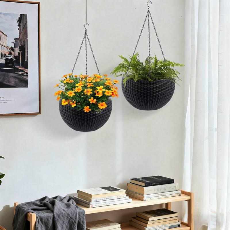 13.4 inch Self-Watering Hanging Rattan-Inspired Planter Large Capacity, Root-Rot Resistant Water Storage - Black