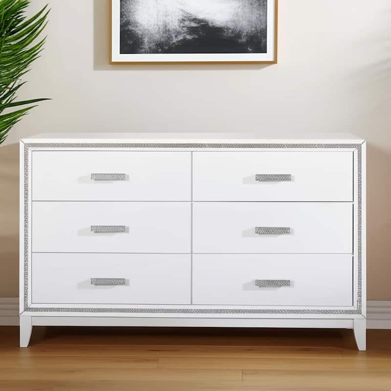 HomeRoots 63" White And Silver Faux Crystal Bling Wood Six Drawer Double Dresser - White/Silver - 6-drawer