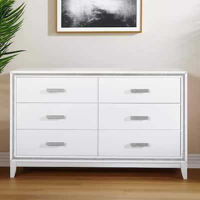 HomeRoots 63" White And Silver Faux Crystal Bling Wood Six Drawer Double Dresser