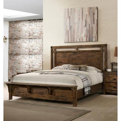 Queen Size Wood Rustic Panel Bed with Bench Footboard and Industrial Design