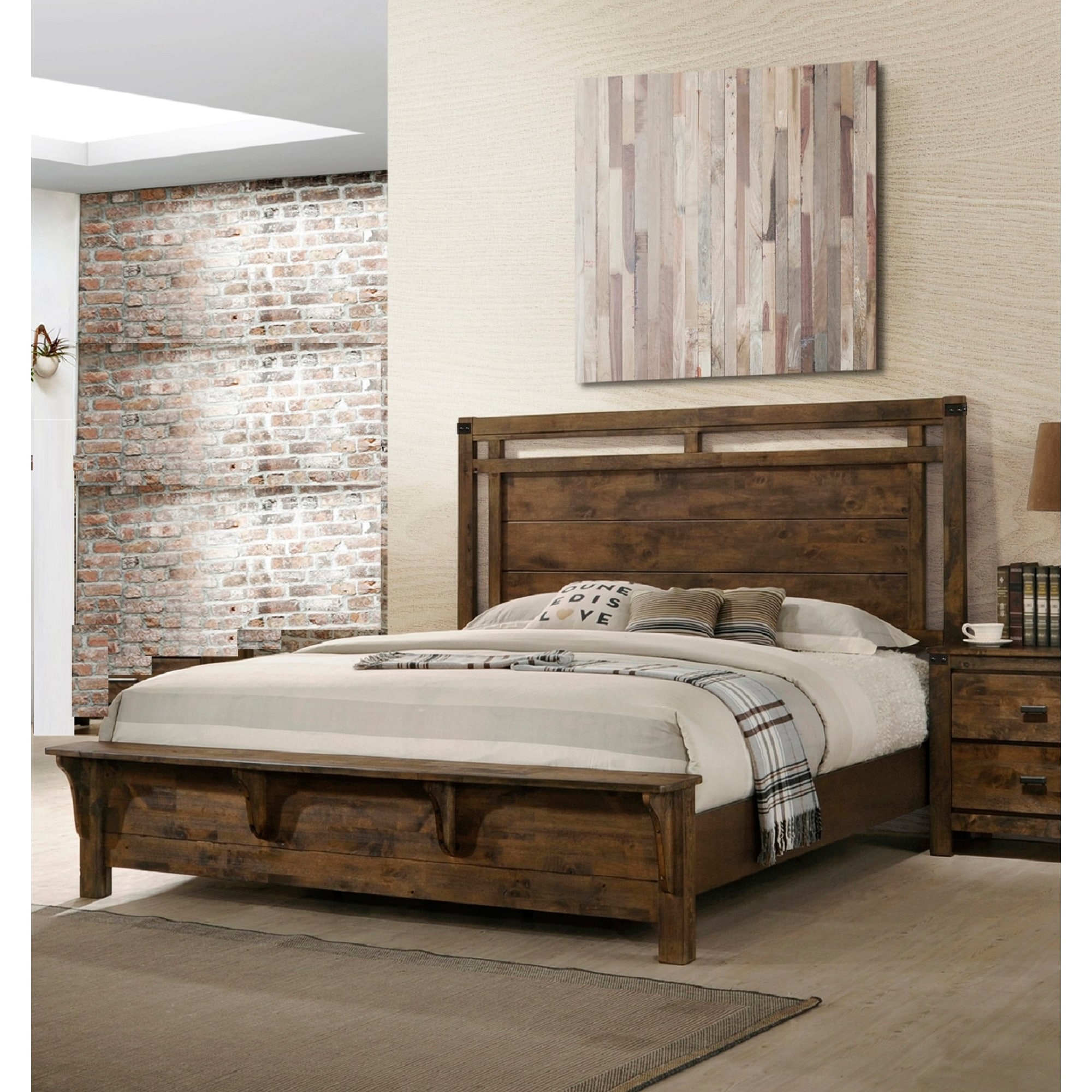Queen Size Wood Rustic Panel Bed with Bench Footboard and Industrial Design