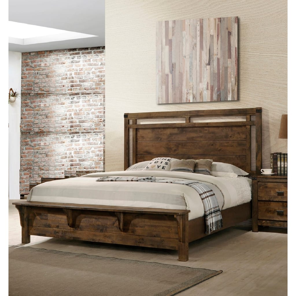 Rustic Industrial Style Queen Size Panel Bed with Built-in Bench Footboard, Solid Wood