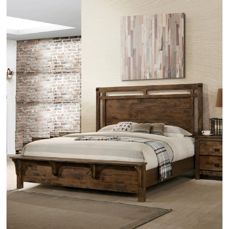 Rustic Industrial Style Queen Size Panel Bed with Built-in Bench Footboard, Solid Wood - Brown