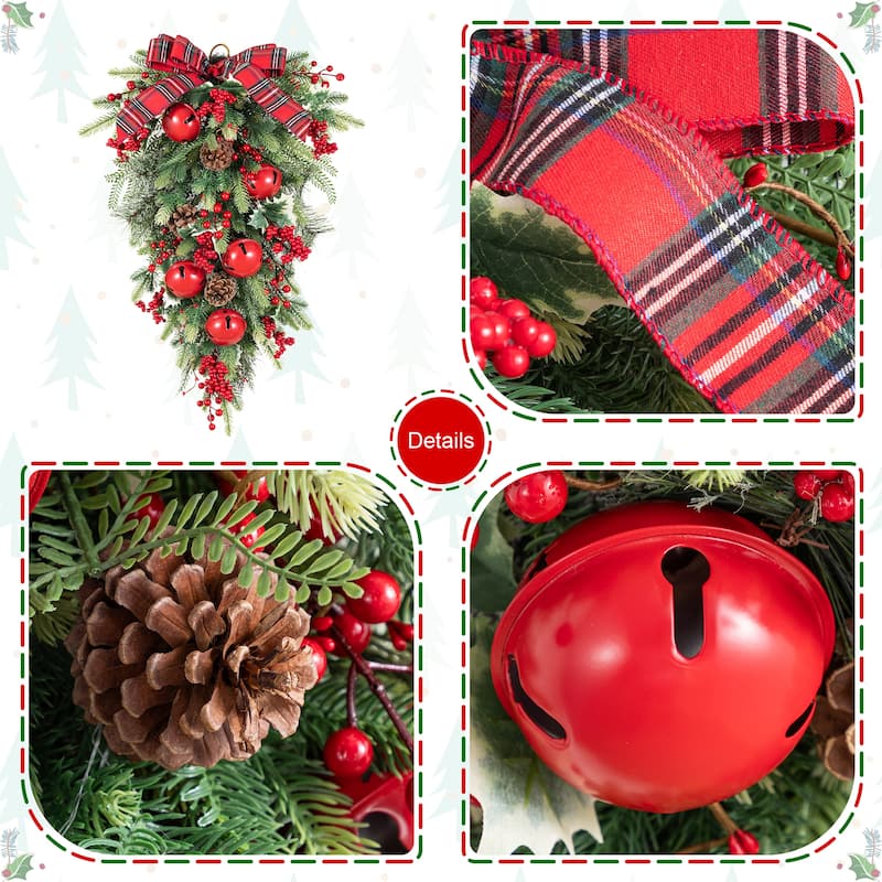 Glitzhome Christmas Berry Bow Pinecone Bell Holy Leaf Teardrop Swag Xmas Wreath
