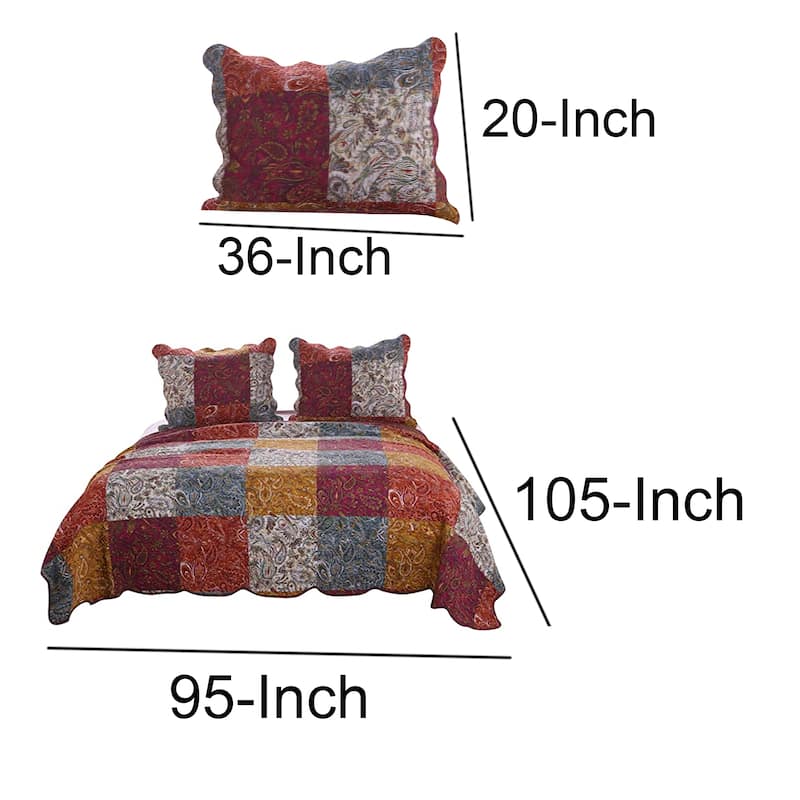 3 Piece Cotton King Size Quilt Set with Paisley Print, Multicolor