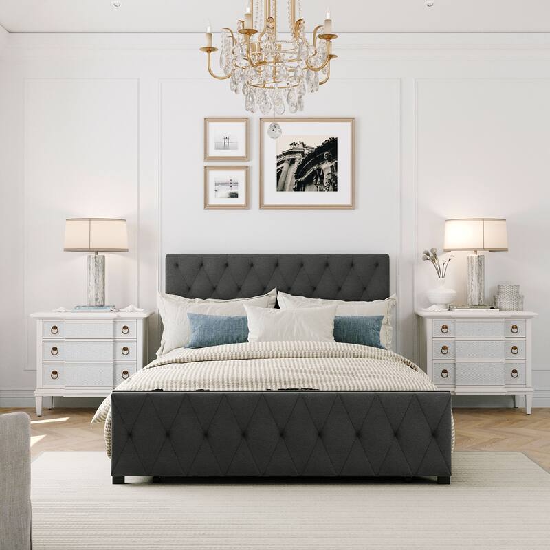 Storage Bed Metal Platform Bed with a Big Drawer - Gray-Full