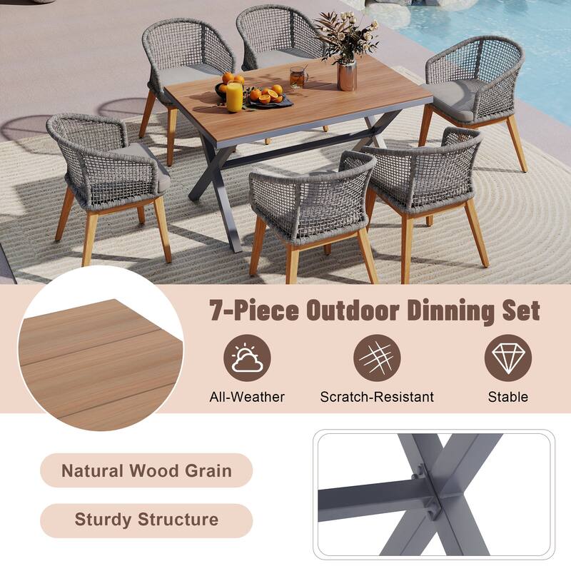 Outdoor 7-Piece Dining Set Chair with Rope-woven Backrest and Table
