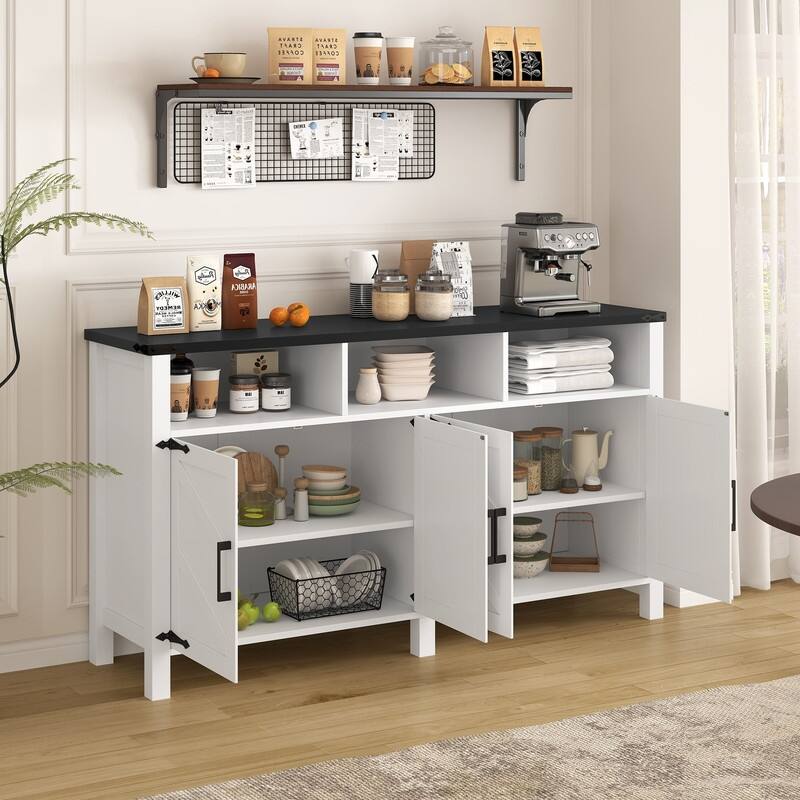 Modern 4-Door Sideboard Buffet with Power Outlets Adjustable Shelves and Half-Open Storage Design