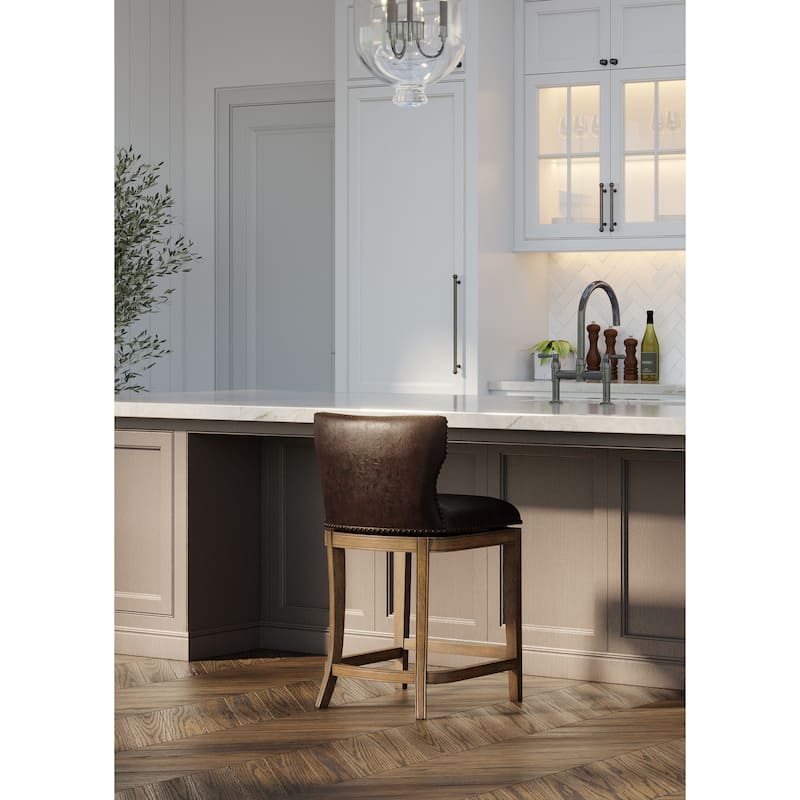 Maven Lane Hugo Kitchen Stool - Walnut Vegan Leather - Counter Height