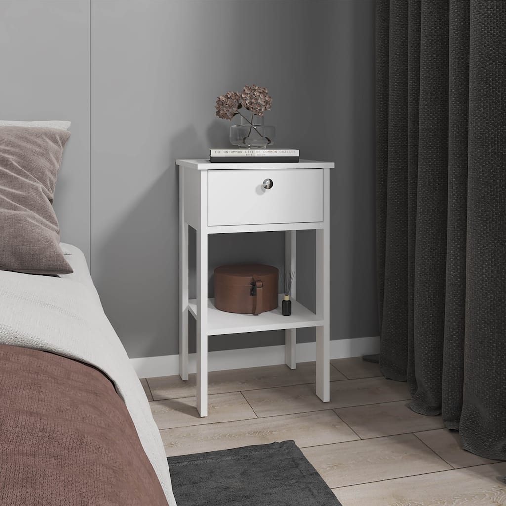 Compact White Nightstand with 1 Drawer, Open Shelf and 4 Sturdy Legs