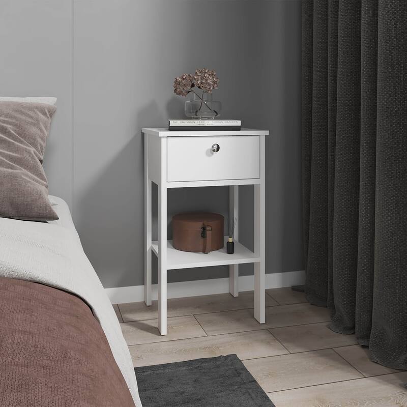 Compact White Nightstand with 1 Drawer, Open Shelf and 4 Sturdy Legs - White