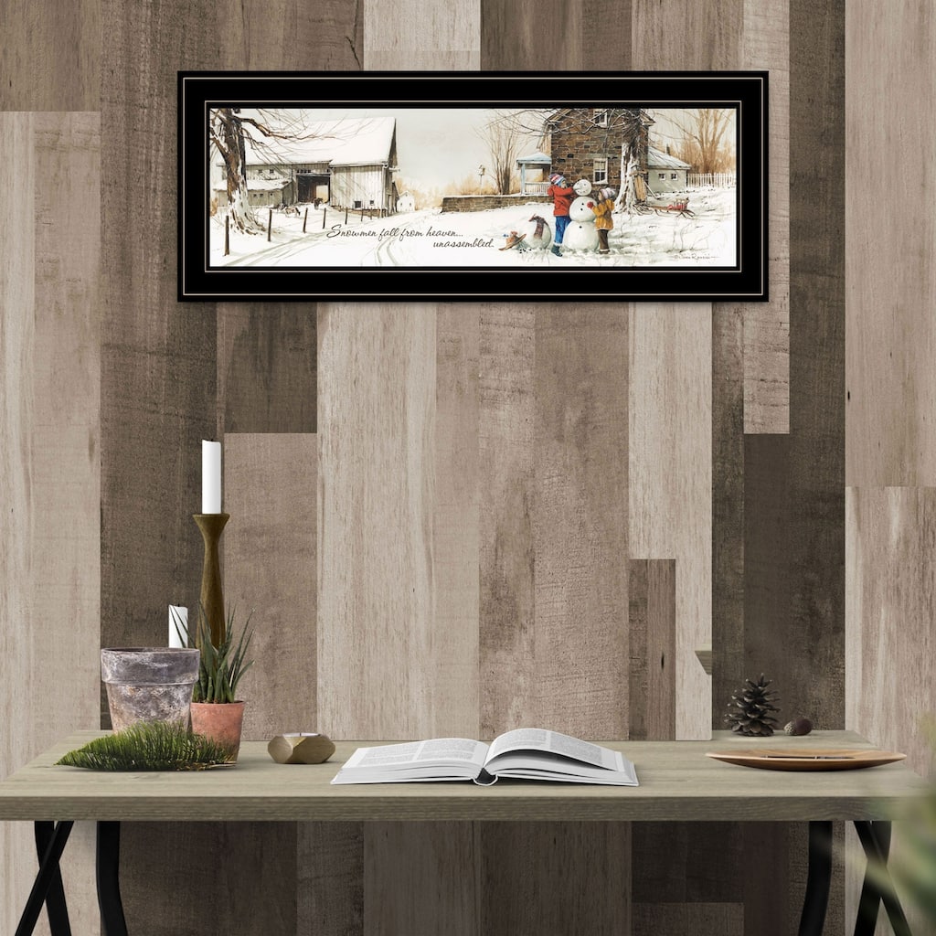 TrendyDecor4U Farmhouse "Snowmen from Heaven" Framed Print Wall Art by John Rossini - Earthtone