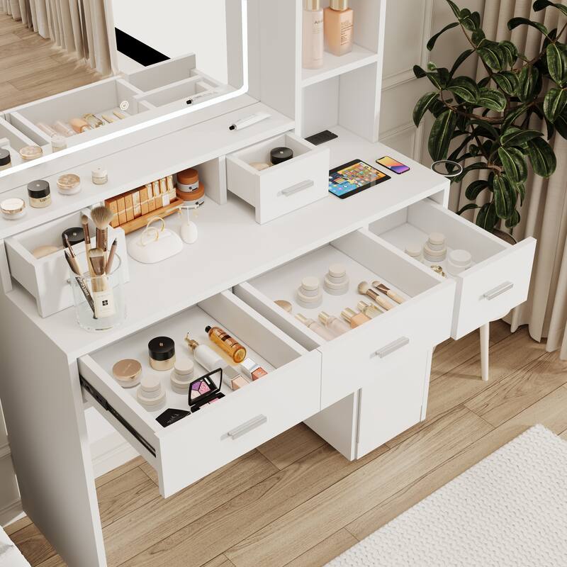 Dressing Table With Led Mirror And Power Outlet,With Drawers,Storage Box And Shelf,Dressing Table With Bedroom Cushioned Stool