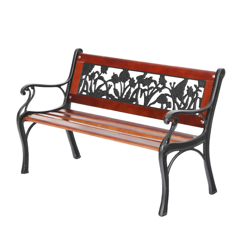 MAISON ARTS Outdoor Garden Bench for Children, 33'' L Metal Bench with Wood Seating & Floral Pattern Back