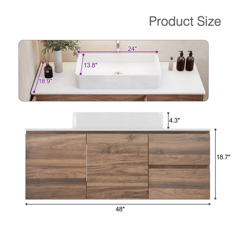 48" Wall-Mounted Bathroom Vanity with Ceramic Sink, Sintered Stone Top