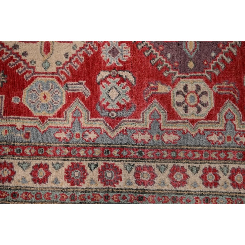 Geometric Red Kazak Accent Rug Hand-Knotted Foyer Wool Carpet - 2'10" x 4'3"
