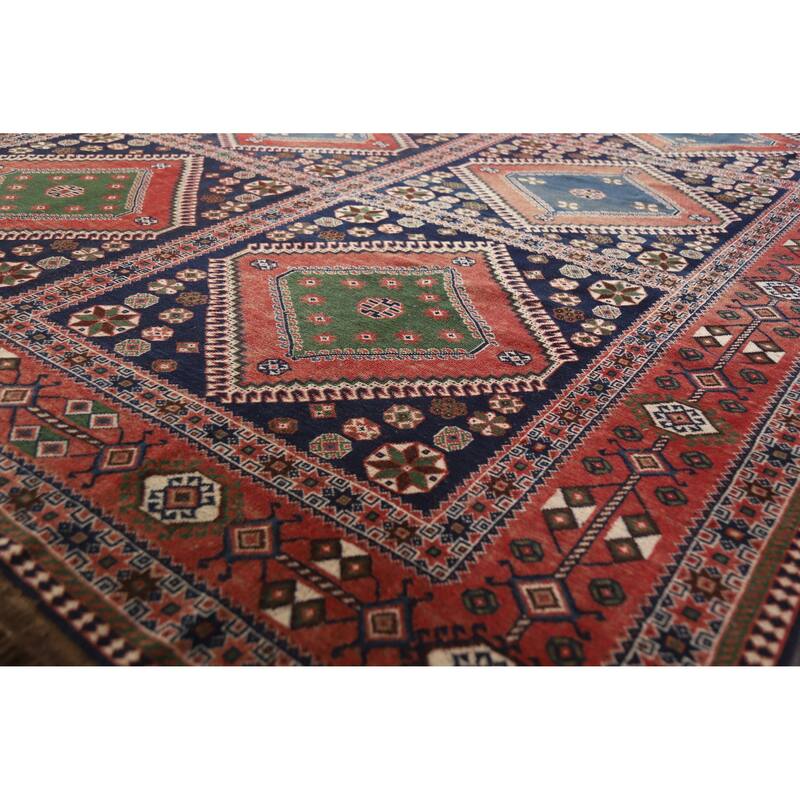 Hand Knotted Oriental 100% Wool Carpet Traditional Geometric Navy Blue & Blues Yalameh Area Rug - 10' 11'' X 7' 6''