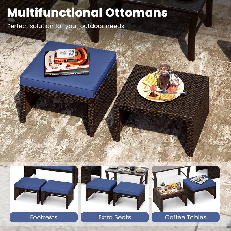 Set of 2 Outdoor Rattan Footstools Ottomans with Cushions for Patio Decor or Garden Seating - 16" L x 19" W x 9.5" H
