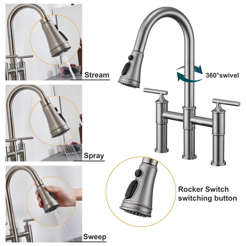 Clihome 3-Function Stainless PullDown Kitchen Heritage Bridge Faucet