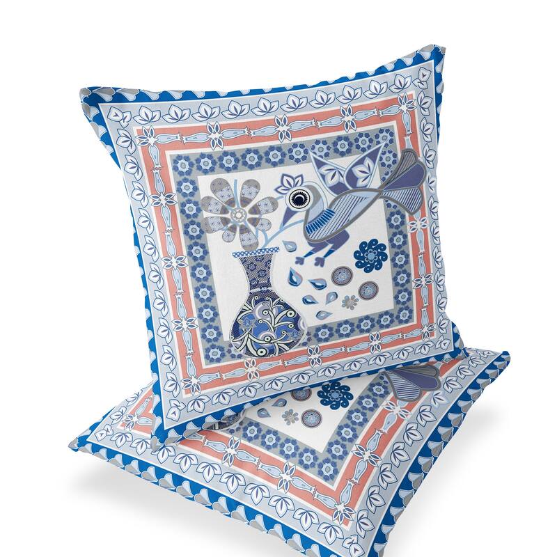 HomeRoots Set of Two 16" X 16" Blue and Gray Peacock Blown Seam Floral Indoor Outdoor Throw Pillow - 16.00' X '16.00' X '5.00