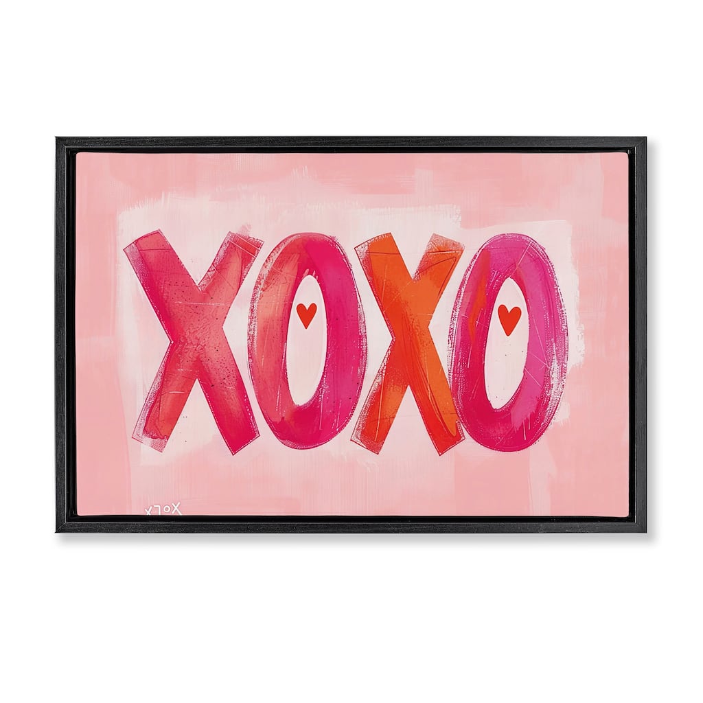 Stupell Pink XOXO with Hearts Framed Floater Canvas Wall Art Design By LSR Design Studio