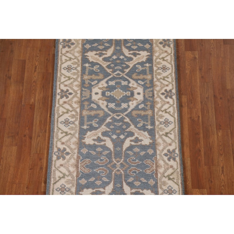 Floral Blue Oushak Oriental Runner Rug Handmade Wool Carpet - 2'8"x 9'10"