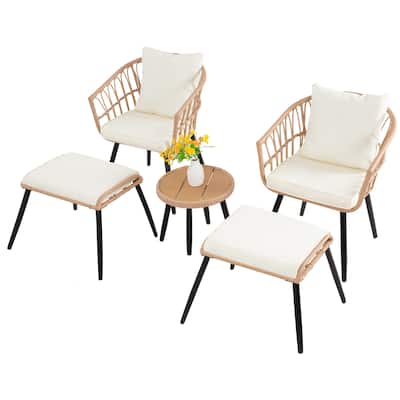 5-Piece Outdoor Table Chairs Set with Ottoman Patio Bistro Set with 2 Rattan Arm Chairs and Round Coffee Table
