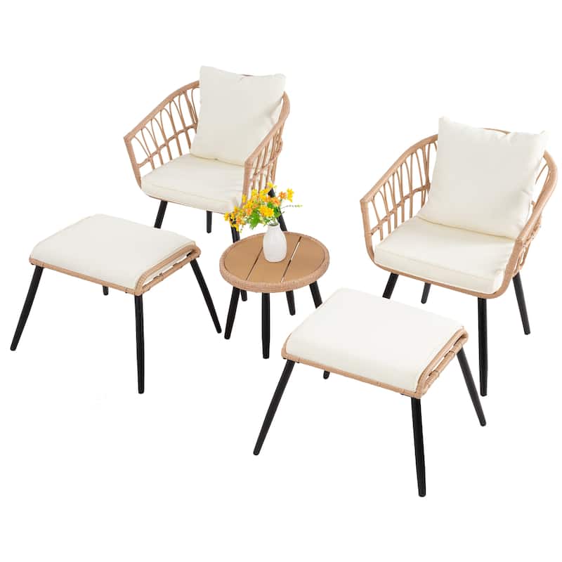 5 Piece Patio Bistro Set with Ottoman, Outdoor Wicker Apartment Balcony Furniture Sets, Rattan Table and Chairs Set of 2 - Yellow