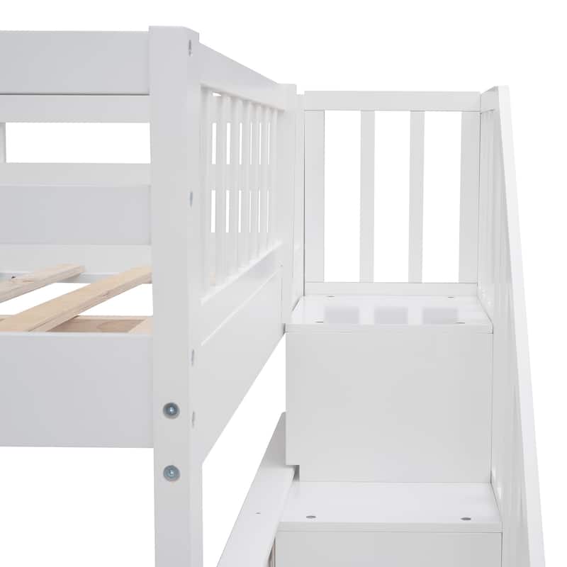 Full Over Full Bunk Bed with Safe Staircase, Storage and Guard Rail