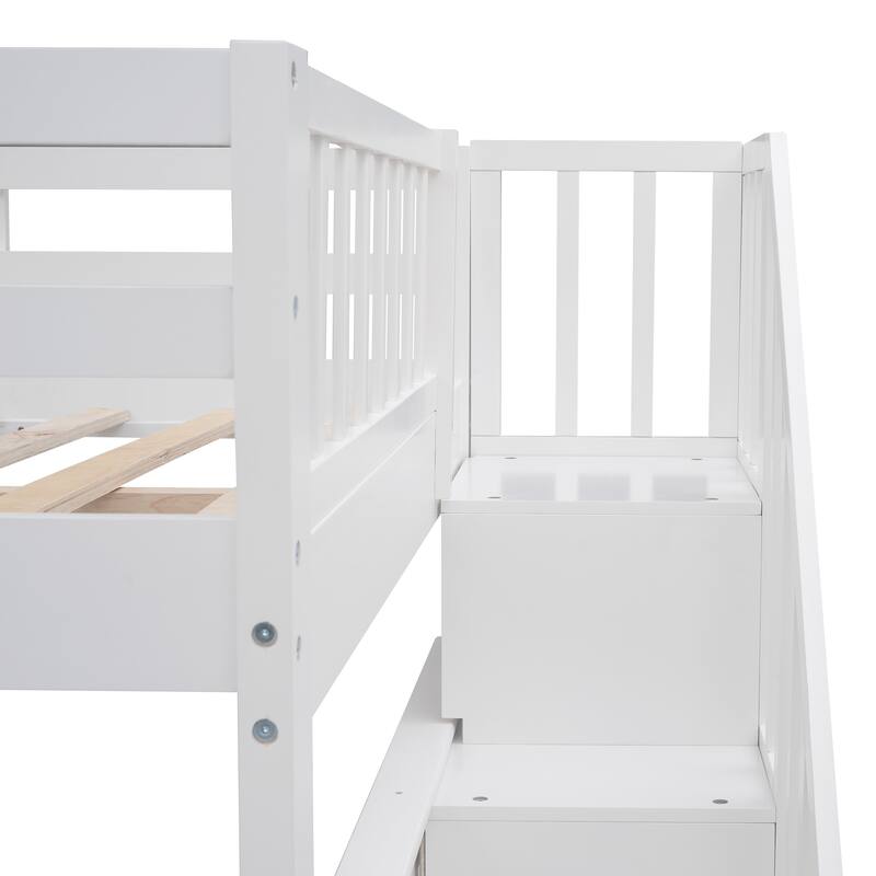 Full-Over-Full Stairway Bunk Bed, Can Be Divided into Two Individual Bedframe, Solid Wood Bedfram w/Storage Stairs & Guard Rail