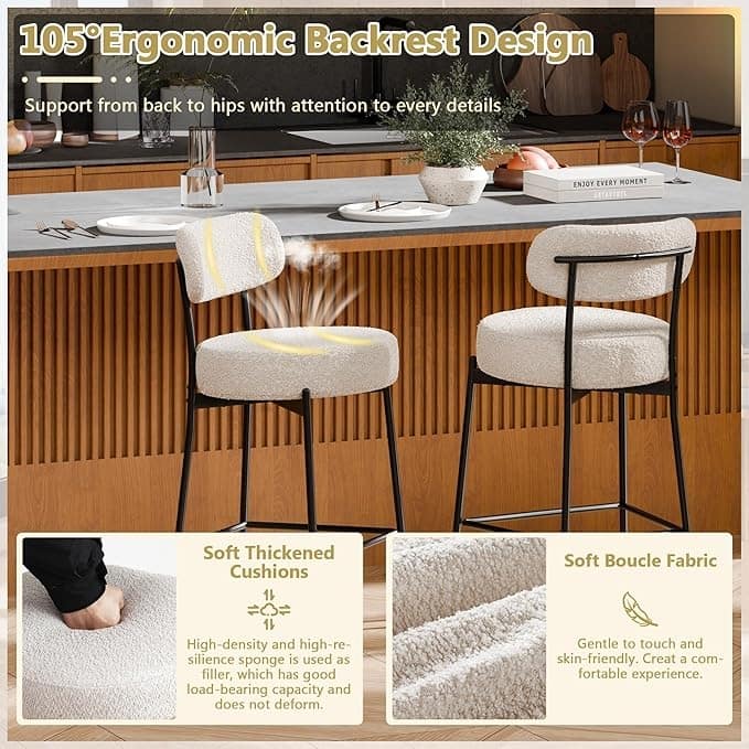 XINMICS 24 Inches Modern Counter Height Bar Stools with Curved Back Metal Legs, Upholstered Boucle Barstools, Set of 2/3/4