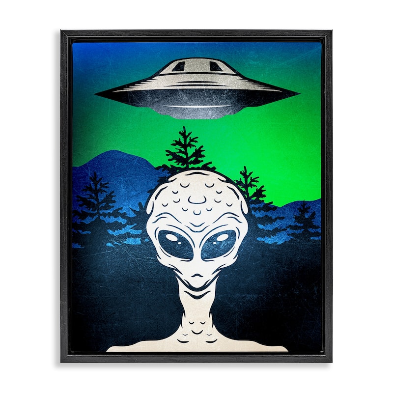 Stupell Alien and UFO Scene Framed Floater Canvas Wall Art Design By Kim Allen - 17 x 21 - Black