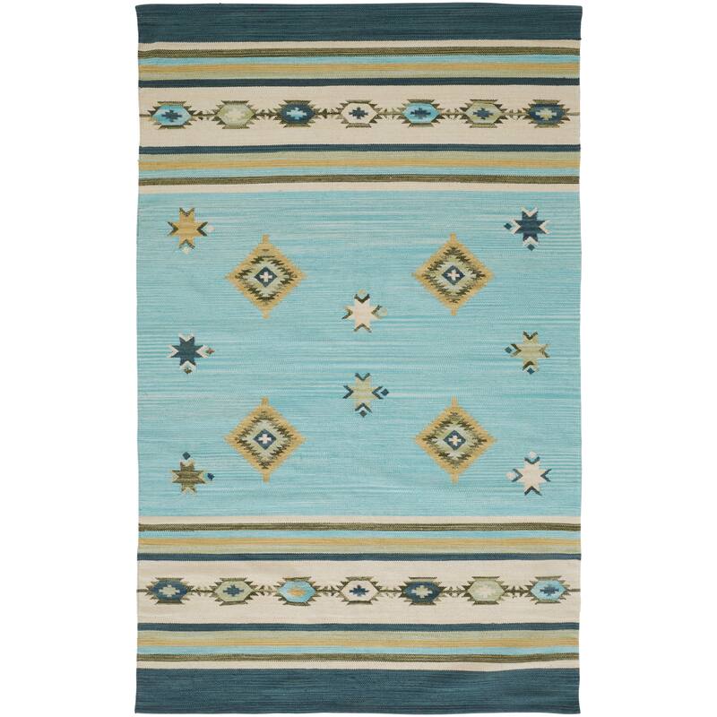 Amara Southwestern Diamonds Rug, Sky Blue/Evergreen, Area Rug - 8' x 10' - Dark Green/Golden Yellow/Aqua Blue