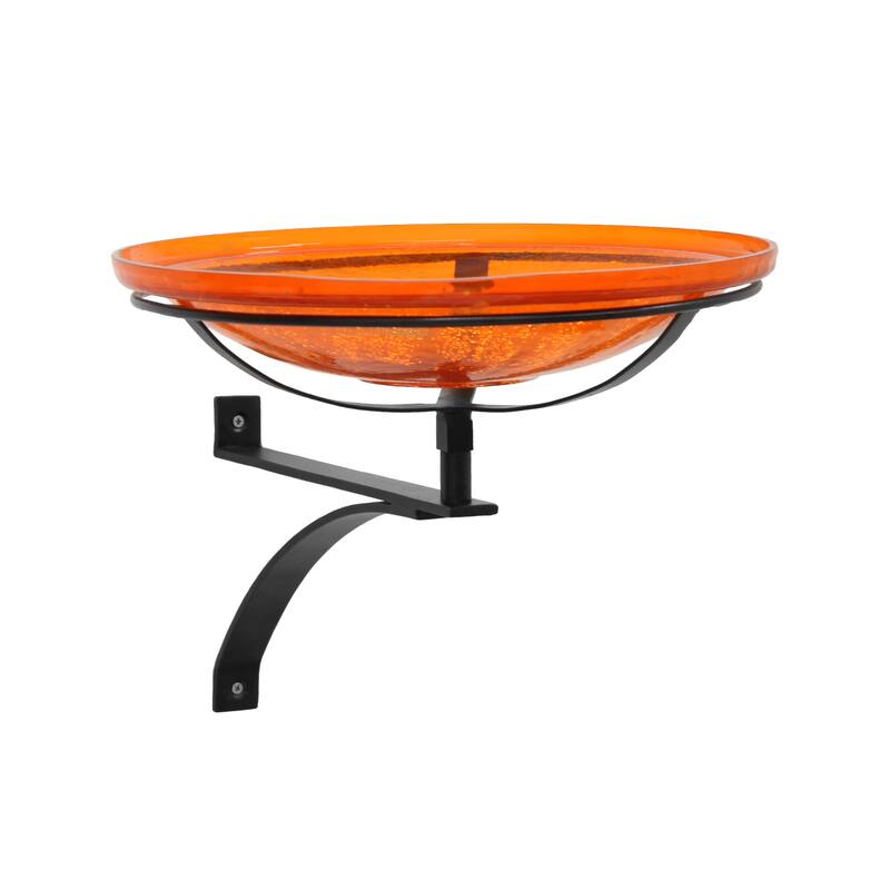 Achla Designs 14"Dia. Round Crackle Glass Birdbath w/Black Wrought Iron Wall Mount Bracket - Orange