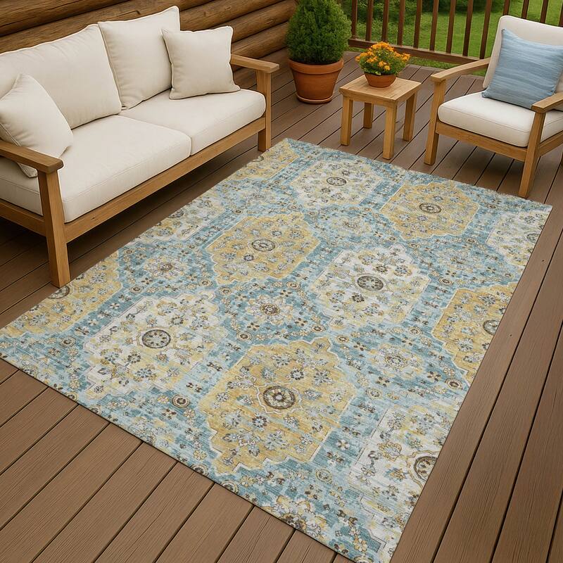 Machine Washable Indoor/ Outdoor Traditional Kiowa Chantille Rug - Teal - 9' x 12'