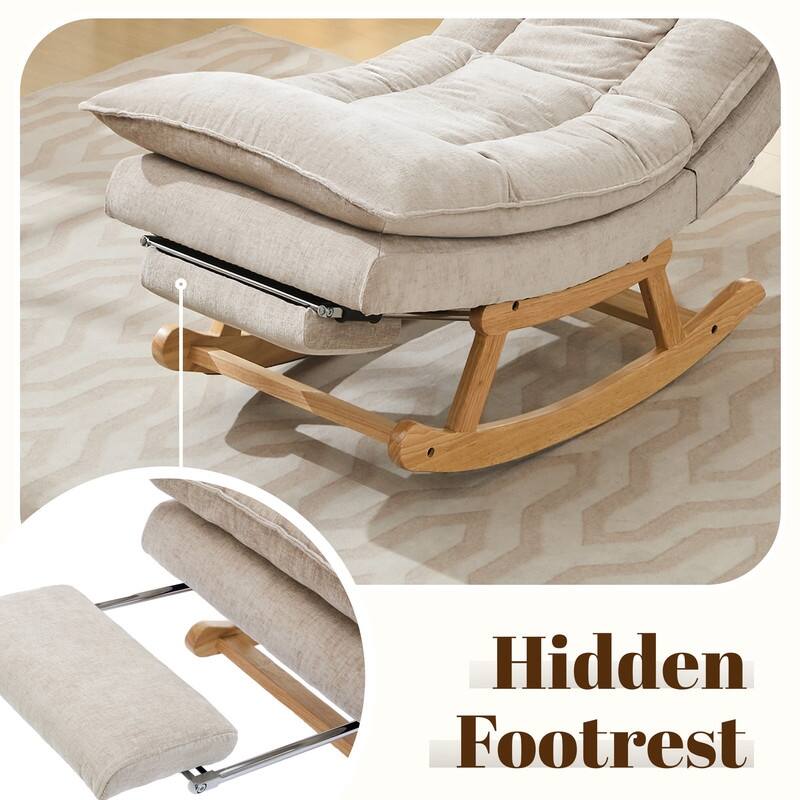 Fabric Upholstered Rocking Chair with Solid Wood Base and Hidden Footrest – Ergonomic Dual-Cushion Design